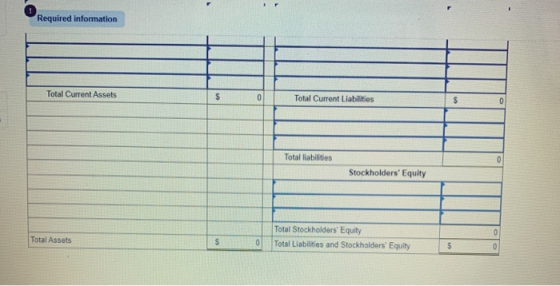 Required information Total Current Assets $ 0 Total Current Liabilities S 0 Total liabilities 0 Stockholders Equity Total St