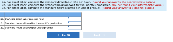 2a. For direct labor, compute the standard direct labor rate per hour. (Round your answer to the nearest whole dollar.) 2b. F