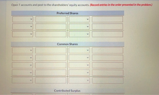 Open Taccounts and post to the shareholders equity accounts. (Record entries in the order presented in the problem.) Preferr
