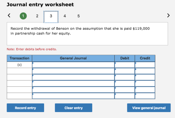 Journal entry worksheet < 0 2 3 4 5 Record the withdrawal of Benson on the assumption that she is paid $119,000 in partnershi