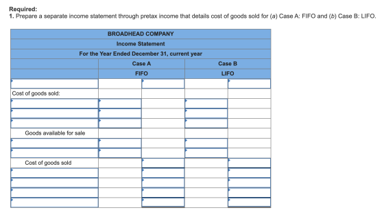 Required: 1. Prepare a separate income statement through pretax income that details cost of goods sold for (a) Case A: FIFO a