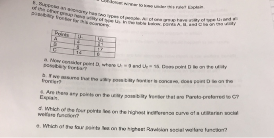 sondorcet winner to lose under this rule? Explain. 8. Suppose an economy has two types of people. of the other group have uti