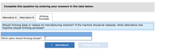 Complete this question by entering your answers in the tabs below. Alternative A Alternative B Xinhong Purchase Should Xinhon