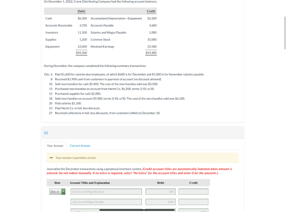 On December 1, 2022, Crane Distributing Company had the following account balances. Debit Credit Cash $6,300 Accumulated Depr