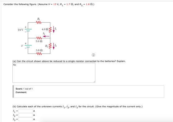 Consider the following figure. (Assume V = 13 V, R = 1.7.2, and R, = 1.6 2.) 24V+ 3.0 12 RB 112 5.022 w (a) Can the circuit s