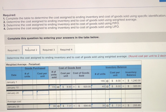 Required: 1. Complete the table to determine the cost assigned to ending inventory and cost of goods sold using specific iden