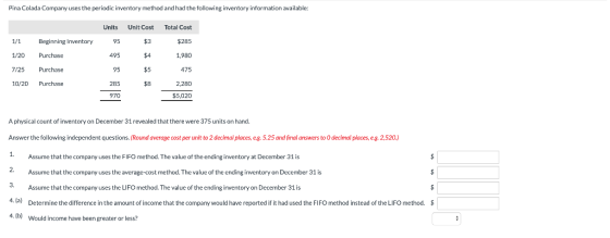 Pina Colada Company uses the periodic inventory method and had the following inventory information available: Units 1/1 Begin