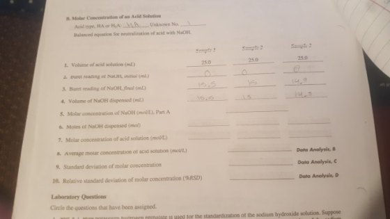 B. Molar Concentration of an Acid Solution Acid type HA HA HA Unknown No. Balanced equation for beutralization of acid with N