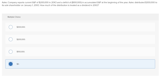 Aztec Company reports current E&P of $200,000 in 20x3 and a deficit of ($100,000) in accumulated E&P at the beginning of the