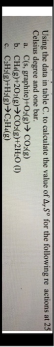 Using the data in table C. to calculate the value of A,S° for the following re actions at 25 Celsius degree and one bar. a. C