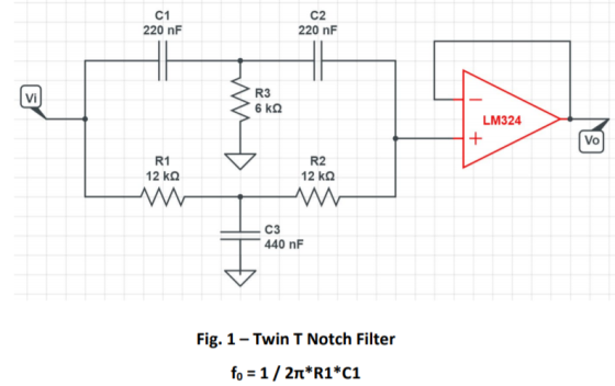 C1 220 nF C2 220 nF LM324 R1 12 k2 VA R2 12 k2 C3 440 nF Fig. 1-Twin T Notch Filter fo = 1/21*R1*c1
