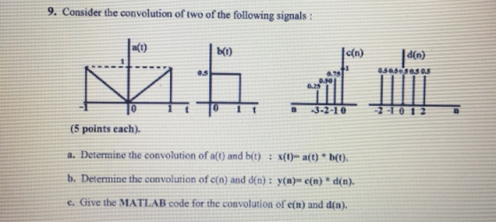 9. Consider the convolution of two of the following signals : | att) ht) le(n) 力。 2.5 1015年9 L. -3-2-10 2-1012 (5 points cach