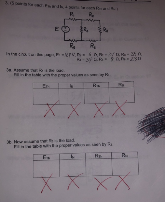 3. (5 points for each Em and IN, 4 points for each Rm and Rn.) R R₂ um E o {R & R4 M Rs Ro In the circuit on this page, E: =1