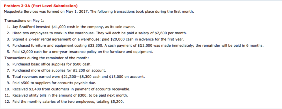 Problem 2-3A (Part Level Submission) Maquoketa Services was formed on May 1, 2017. The following transactions took place duri