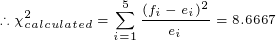 \tiny \therefore \chi^2_{calculated}=\sum_{i=1}^{5}\frac{\left(f_{i}-e_{i}\right)^2}{e_{i}}=8.6667