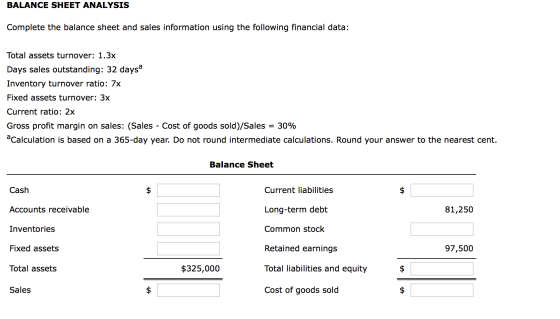 BALANCE SHEET ANALYSIS Complete the balance sheet and sales information using the following financial data: Total assets turn
