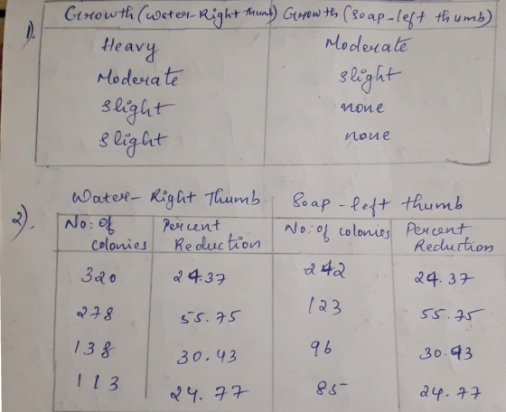 Growth (Water-Right thumb) Gerowth (soap-left thumb) Heavy Moderate Moderate slight slight slight none none Water- Right Thum