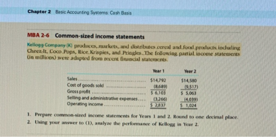 Chapter 2 Basic Accounting Systems: Cash Basis MBA 2-6 Common-sized income statements Kellogg Company (K) produces, markets,