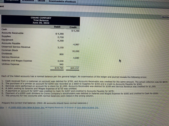 OK ORION Downloadable a Textbook CRANE COMPANY Trial Balance June 30, 2022 $ 4,390 2,750 4,200 Cash Accounts Receivable Suppl
