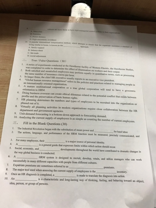 e y gid d A Mascline B Feminine C Pwer distance D. Highuncertaisty avoidance 10 A eelar inteational compensation method, whic