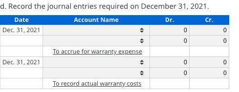 d. Record the journal entries required on December 31, 2021. Date Account Name Dr. Dec 31, 2021 To accrue for warranty expens