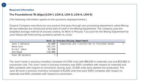 Required information The Foundational 15 (Algo) (L04-1, LO4-2, LO4-3, LO4-4, LO4-5) (The following information applies to the
