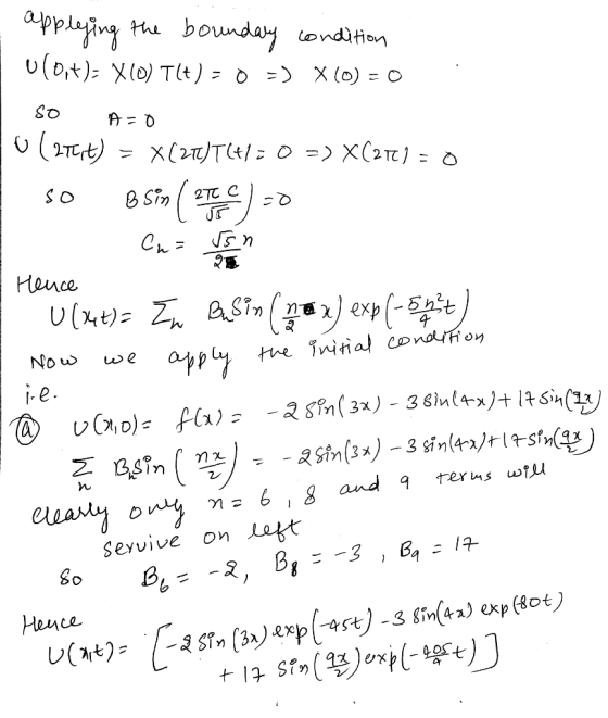 applying the boundary condition ulo,t)- X(0) T(t) = 0 =) X(0) = 0 so A=0 0 (271,t) = x(272)T(+1=0 => X(217) = 0 so osin ( 2TC