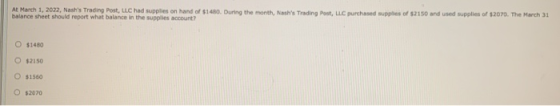 At March 1, 2022, Nashs Trading Post, LLC had supplies on hand of $1480. During the month, Nashs Trading Post, LLC purchase