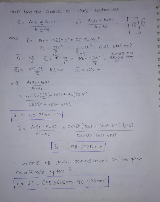 now find the Centroid of whole section as ý = Aly, I A2Y2 A1-A2 ă= Aurit A2X2 ALL A2 now To AIF 125 (210) = 26, 250 mm A2 = I