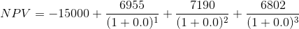 6955 7190 6802 NPV = - 15000 + 71L001+(1+00)2 + (1+0,0)3
