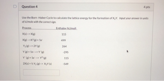 Question 4 4 pts Use the Born-Haber Cycle to calculate the lattice energy for the formation of X2Y. Input your answer in unit