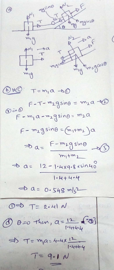 sine malese mg Cos0 mg @pe· T-mi a-0 F-m2asine Ht T= 9.IN