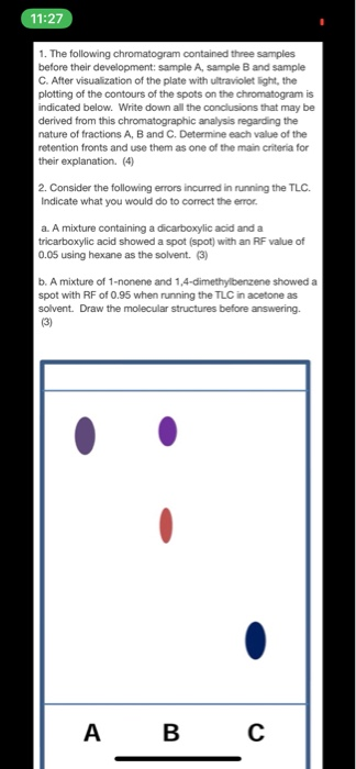 1. The following chromatogram contained three samples before their development: sample A, sample B and sample C. After visual