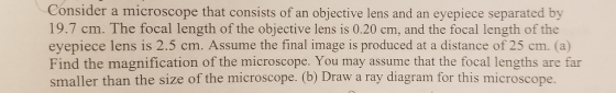 Consider a microscope that consists of an objective lens and an eyepiece separated by 19.7 cm. The focal length of the objective lens is 0.20 cm, and the focal length of the eyepiece lens is 2.5 cm. Assume the final image is produced at a distance of 25 cm. (a) Find the magnification of the microscope. You may assume that the focal lengths are far smaller than the size of the microscope. (b) Draw a ray diagram for this microscope.