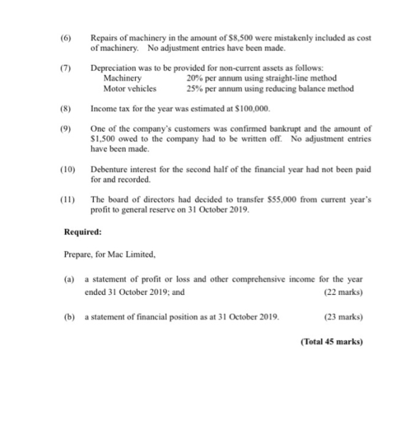 (6) Repairs of machinery in the amount of $8,500 were mistakenly included as cost of machinery. No adjustment entries have be