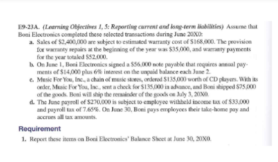 E9-23A. (Learning Objectives 1,5: Reporting current and long-term liabilities) Assume that Boni Electronics completed these s