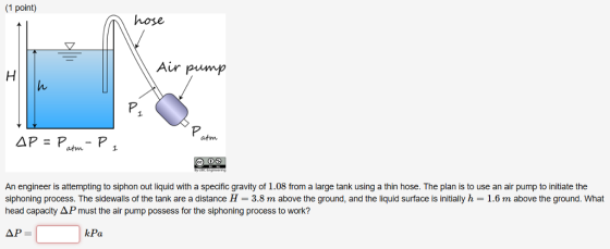 (1 point) hose ні Air pump P. P. atm An engineer is attempting to siphon out liquid with a specific gravity of 1.08 from a large tank using a thin hose. The plan is to use an air pump to initiate the siphoning process. The sidewalls of the tank are a distance H 3.8 m above the ground, and the liquid surface is initially h 1.6 m above the ground. What head capacity AP must the air pump possess for the siphoning process to work? kPa