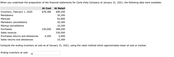 When you undertook the preparation of the financial statements for Carla Vista Company at January 31, 2021, the following dat