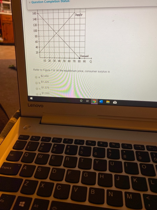 Question Completion Status: Supply 8888888 10 20 30 40 50 60 70 80 90 e Refer to Figure 7-8. At the equilibrium price consume