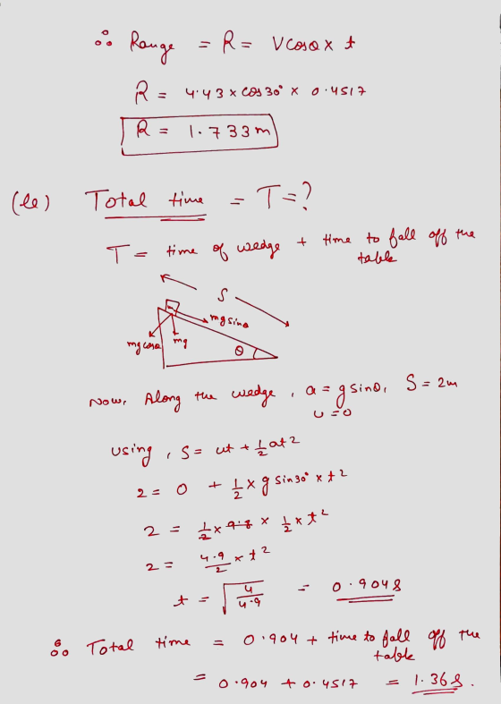 o Range =R= vcasoxt R = 4:43 * COS 30° * 0.4517 JR=1.73m) (ee) Total time =T=? off the T= time of wedge + time age . . to fal