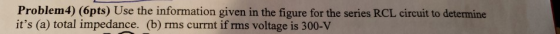 Problem 4) (6pts) Use the information given in the figure for the series RCL circuit to determine its (a) total impedance. (