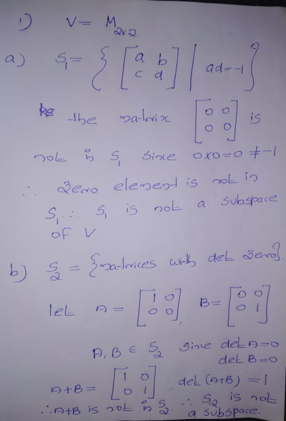D = Mara a) 9= 3 Tablad - ad=-1 Pe the materia not is , sine oxo-07-1 : Zeno element is not in S... 5 is not a subspace of v.