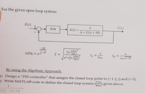 For the given open loop system: R(S) 05% = evita $ = = ban t- vendin e V*2+in98%) By using the Algebraic Approach: ) Design a