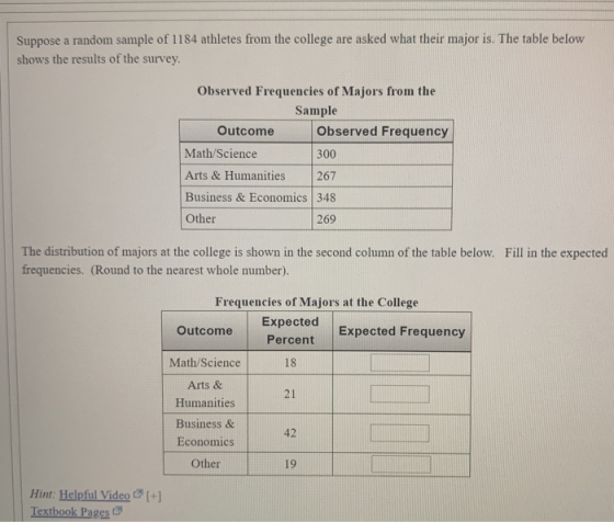 Suppose a random sample of 1184 athletes from the college are asked what their major is. The table below shows the results of