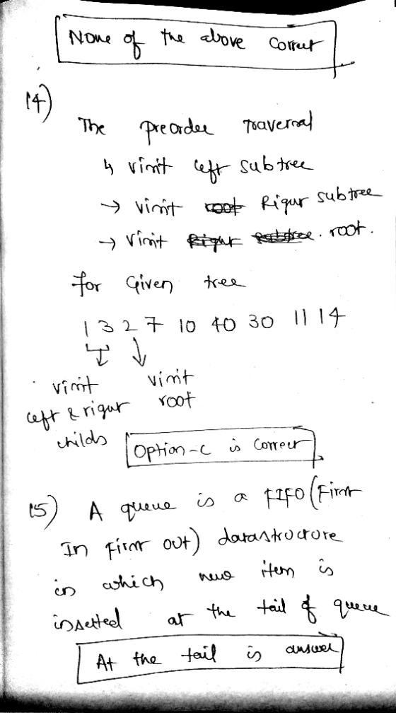 I None of the above correct | The Preordee traversal 4 vinit left subtree y vinit cool Rigur subtree → Vimit right for free r