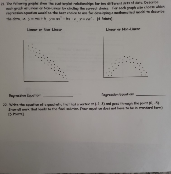 21. The following graphs show the scatterplot relationships for two different sets of data. Describe each graph as Linear or