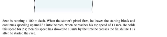 Sean is running a 100 m dash. When the starters pistol fires, he leaves the starting block and continues speeding up until 6 s into the race, when he reaches his top speed of 11 m/s. He holds this speed for 2 s; then his speed has slowed to 10 m/s by the time he crosses the finish line 11 s after he started the race