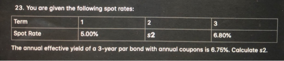 23. You are given the following spot rates: Term 1 Spot Rate 5.00% 2 3 6.80% The annual effective yield of a 3-year par bond