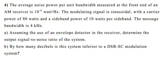 4) The average noise power per unit bandwidth measured at the front end of an AM receiver is 10-watt/Hz. The modulating signa