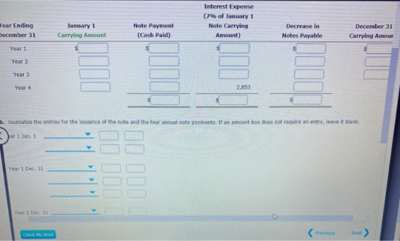 Interest Expense (7% of January 1 Note Carrying Amount) Year Ending December 31 January 1 Carrying Amount Note Payment (Cash